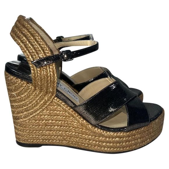 Jimmy Choo Dellena Espadrille Wedge Sandals in Black Leather